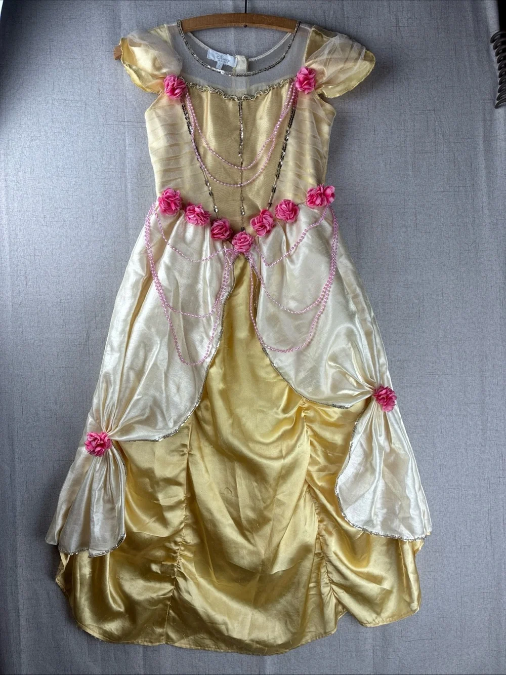 Disney Belle Beauty Beast Girls Costume Dress Tiara 5 6 Yellow Pink Ballgown